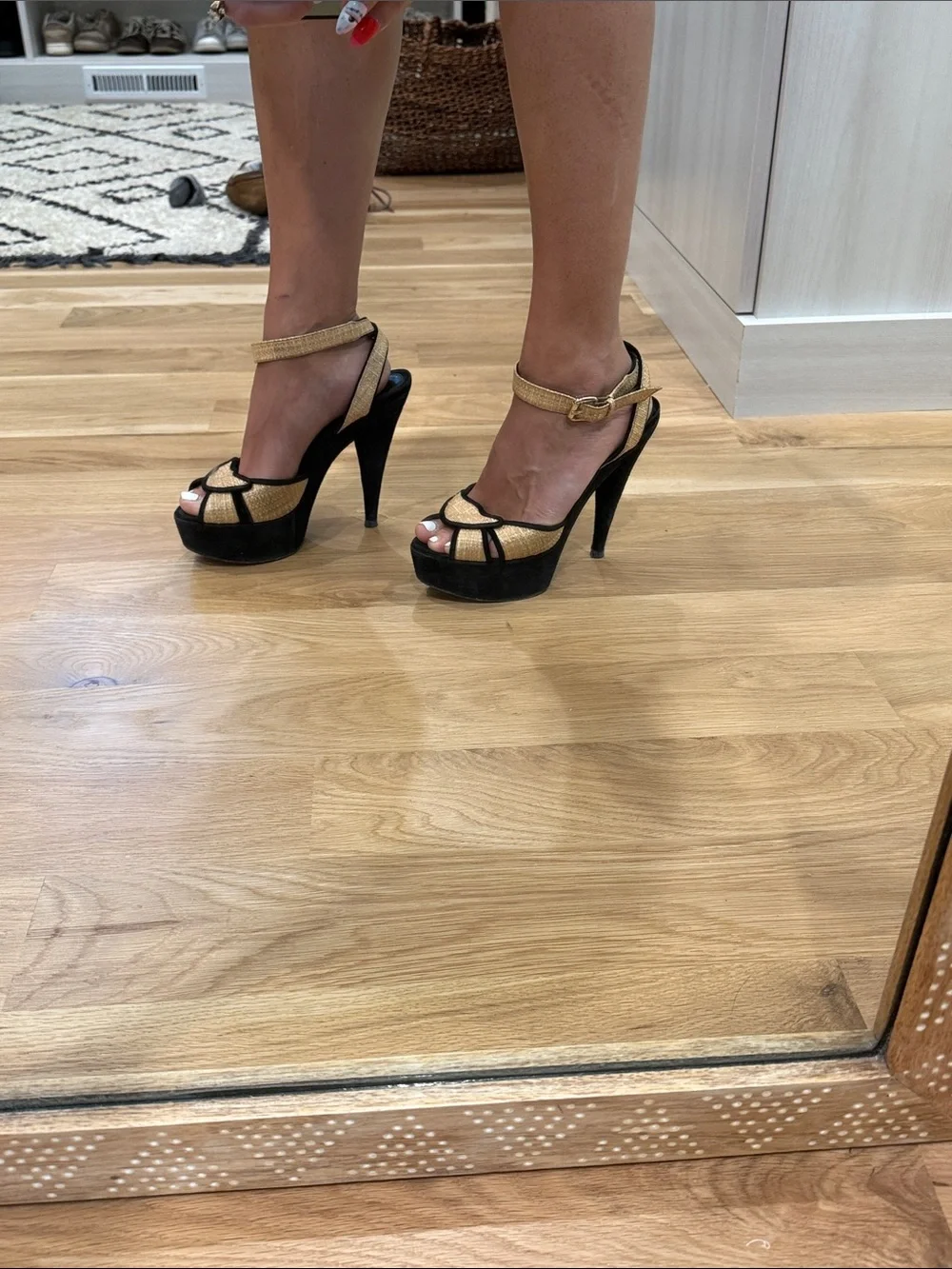Authentic Fendi Beige Straw & Black Suede Ankle Strap Platform Sandals | Sz: 8